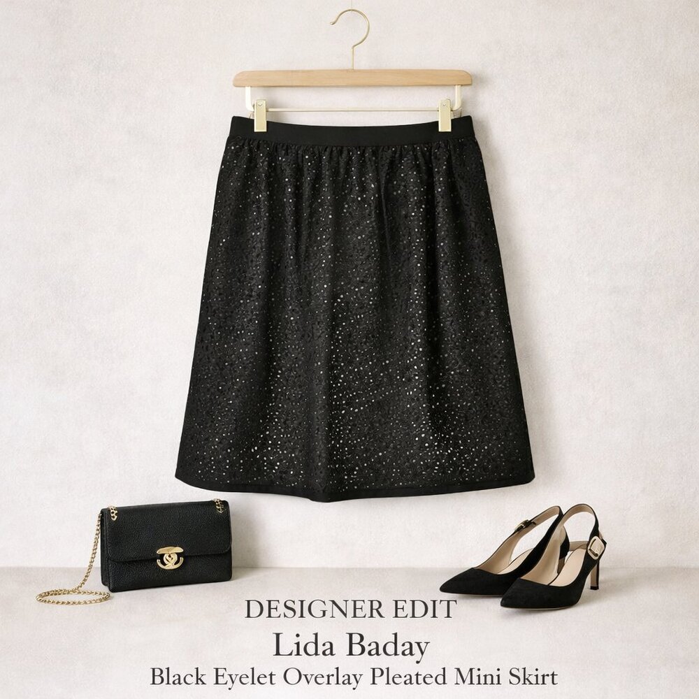 Lida Baday Black Eyelet Overlay Pleated Mini Skirt Size 4